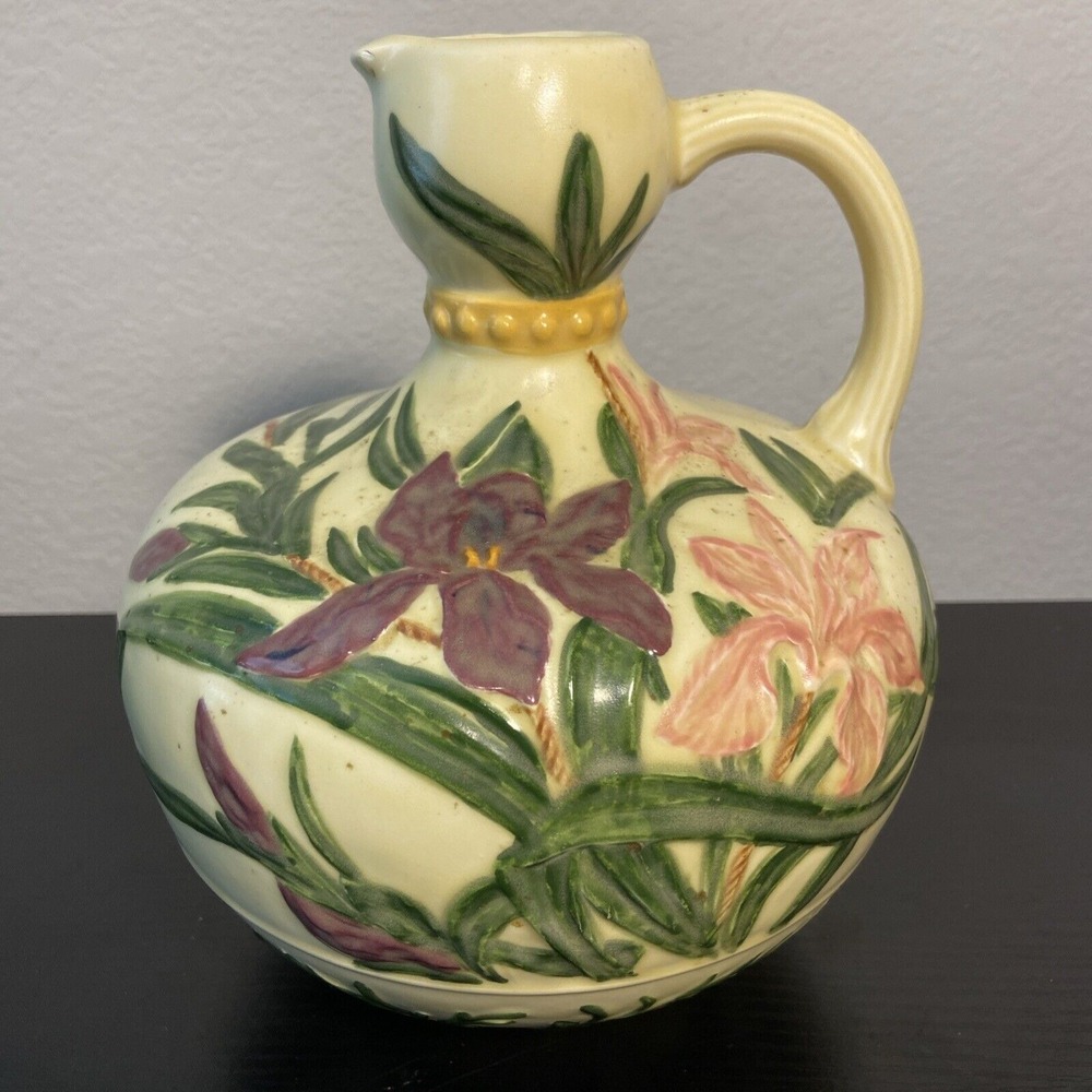 Iris Pitcher Vase Hobby Art Ceramic Unsigned 9"